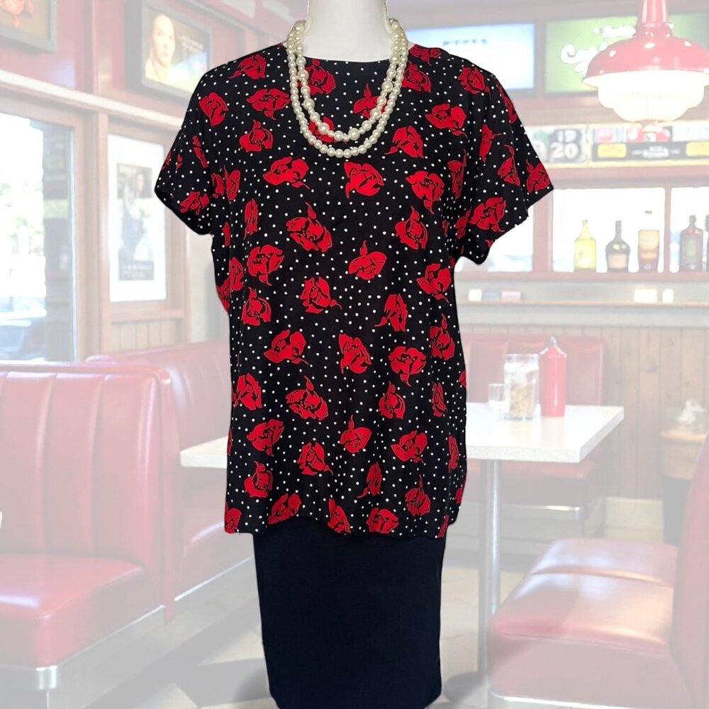 Vintage JH Collectibles Women's Size 12 Blouse Red Rose Polka Dot Rockabilly
